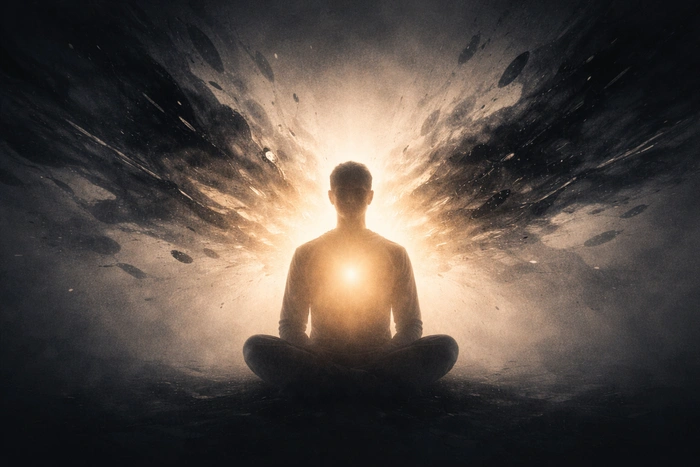 Silhouette of a calm person meditating with inner light, surrounded by dark chaotic energy, representing internal state and mental clarity