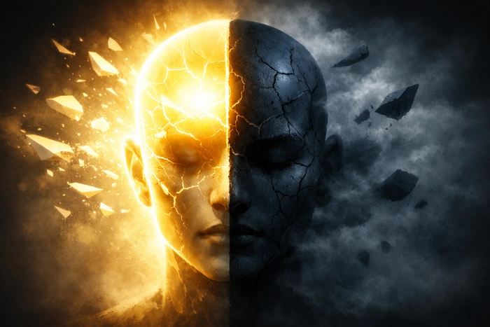 Abstract image showing a human face split in two, one side glowing bright gold and overstimulated, the other dark and cracked, representing how positive thinking can lead to anxiety and emotional imbalance