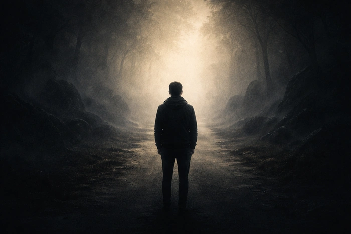 A person standing alone on a dark, foggy path facing an uncertain future, symbolizing fear, hesitation, and procrastination caused by the unknown.